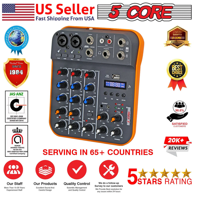 "5 Core 4-Channel Audio Interface Mixer - XLR, Bluetooth, USB for DJ, Music, Podcast & Karaoke!" - Virtual Salesline 