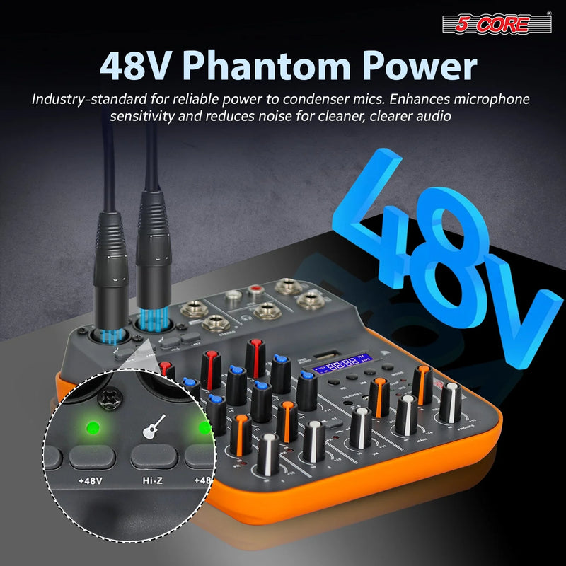 "5 Core 4-Channel Audio Interface Mixer - XLR, Bluetooth, USB for DJ, Music, Podcast & Karaoke!" - Virtual Salesline 