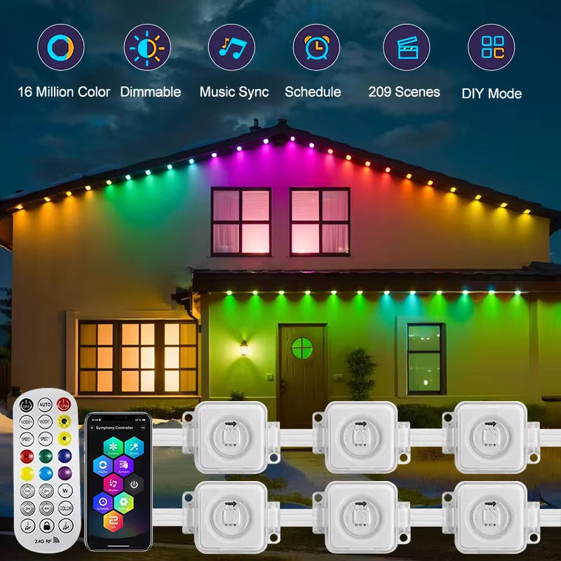 45M RGB Eaves LED Lights Permanent Outdoor Lights String APP Bluetooth Light Strip Scene Modes Full House Party Wedding Light - Virtual Salesline 