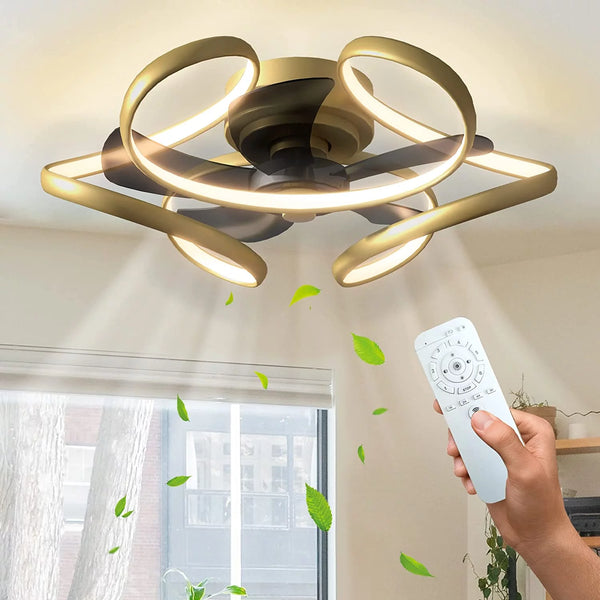 Ceiling Fan with Light Low Profile Modern Ceiling Fan with Remote 6 Speeds 3 Colors Dimmable Bladeless Flush Mount Ceiling Fans Reversible Geometric for Living Room Bedroom Kitchen Gold - Virtual Salesline 