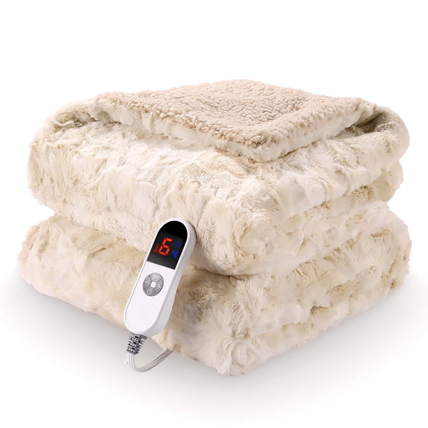 Electric Throw Blanket 50" X 60", Soft Faux Fur Heated Blanket with Large LED Display, 6 Heating Levels, 4 Hours Timer, Machine Washable - Tie-Dye off White - Virtual Salesline 