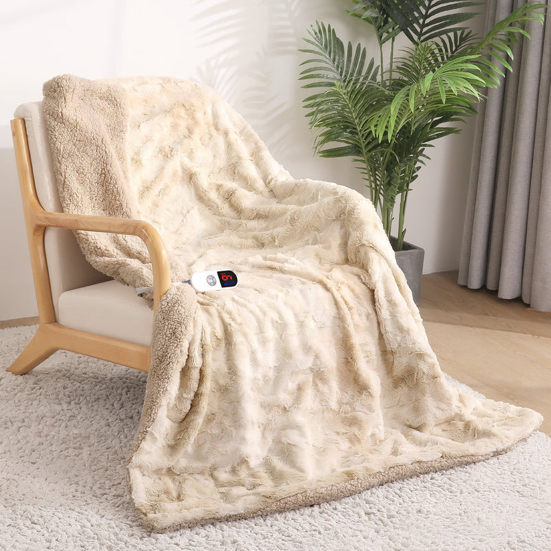 Electric Throw Blanket 50" X 60", Soft Faux Fur Heated Blanket with Large LED Display, 6 Heating Levels, 4 Hours Timer, Machine Washable - Tie-Dye off White - Virtual Salesline 