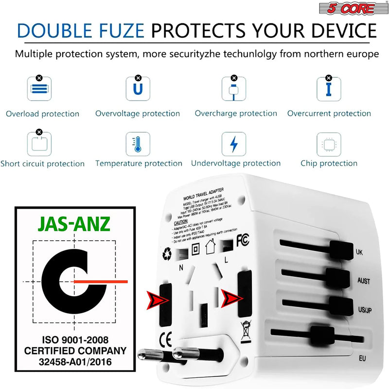 "5Core Universal Travel Adapter - 3 Pack Multi-Charger with 4 USB Ports for Global Power Compatibility!" - Virtual Salesline 