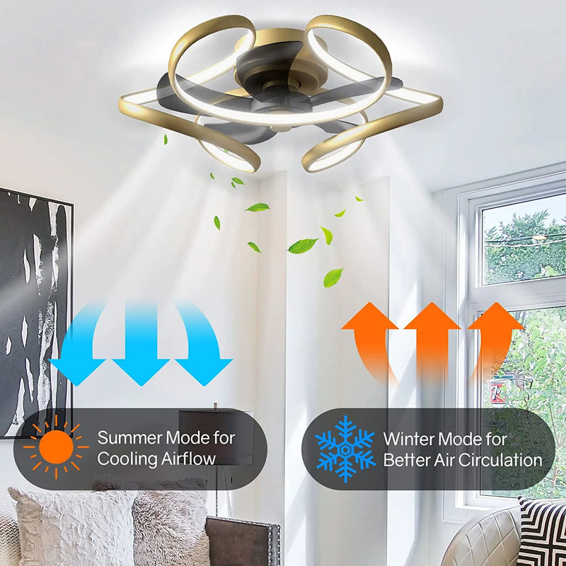 Ceiling Fan with Light Low Profile Modern Ceiling Fan with Remote 6 Speeds 3 Colors Dimmable Bladeless Flush Mount Ceiling Fans Reversible Geometric for Living Room Bedroom Kitchen Gold - Virtual Salesline 