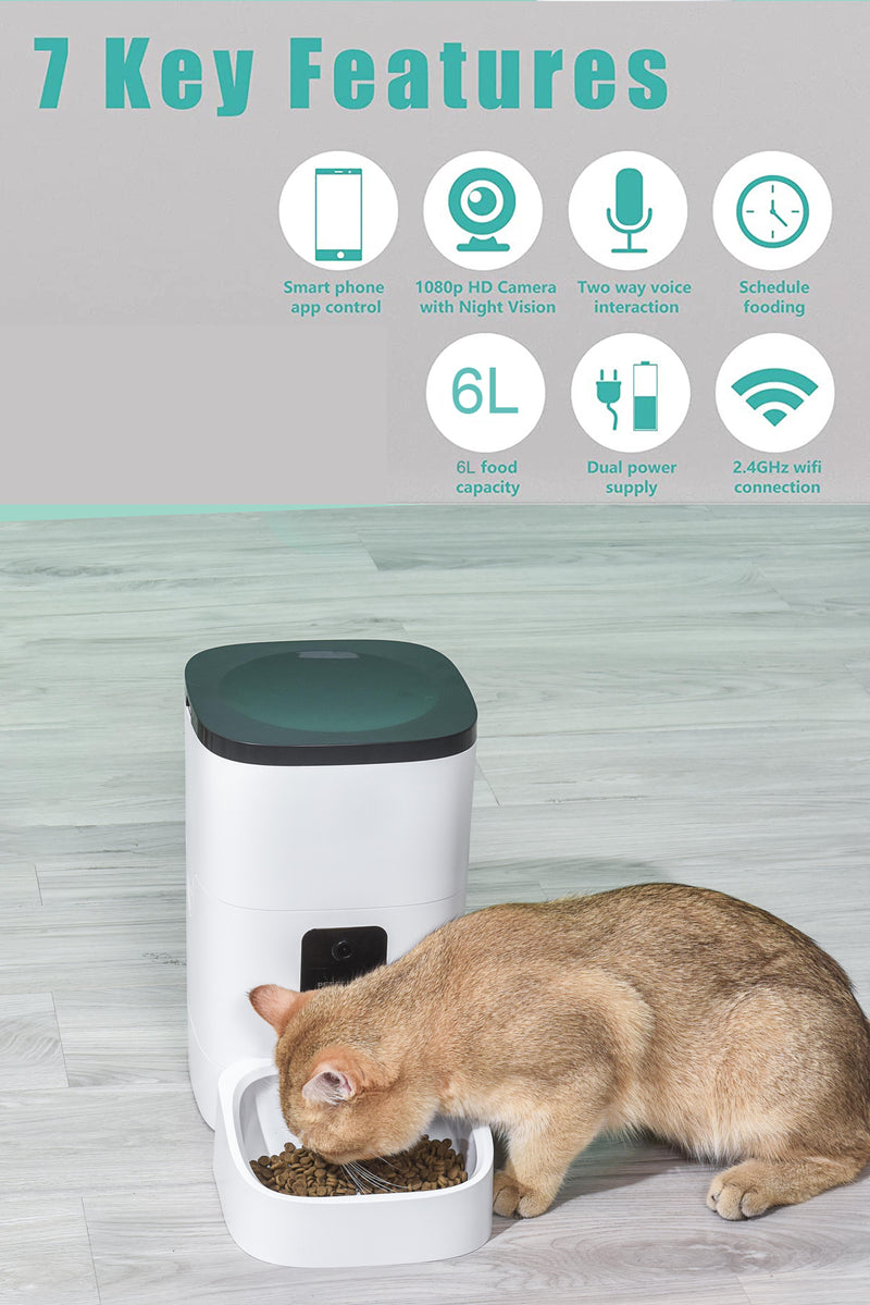 Pet Feeder,6L Automatic Pet Feeder for Cats and Dogs,1080P Camera,App Control,Voice Recorder,Timed Feeder for Schedule Feeding, Dual Power Supply,Wifi Pet Food Dispenser with App Control - Virtual Salesline 