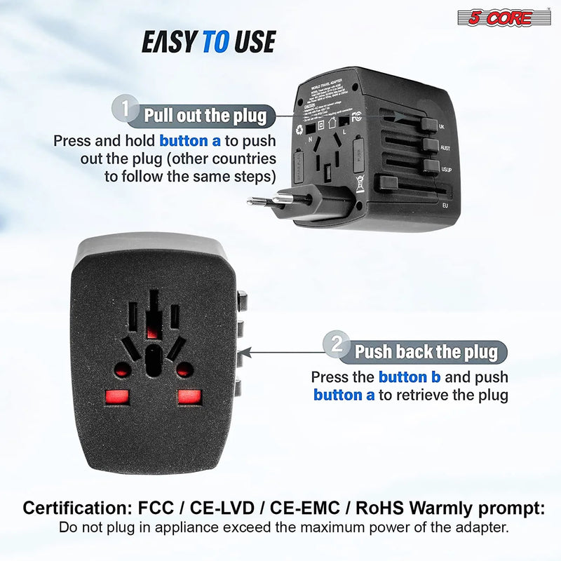 "5Core Universal Travel Adapter - 3 Pack Multi-Charger with 4 USB Ports for Global Power Compatibility!" - Virtual Salesline 