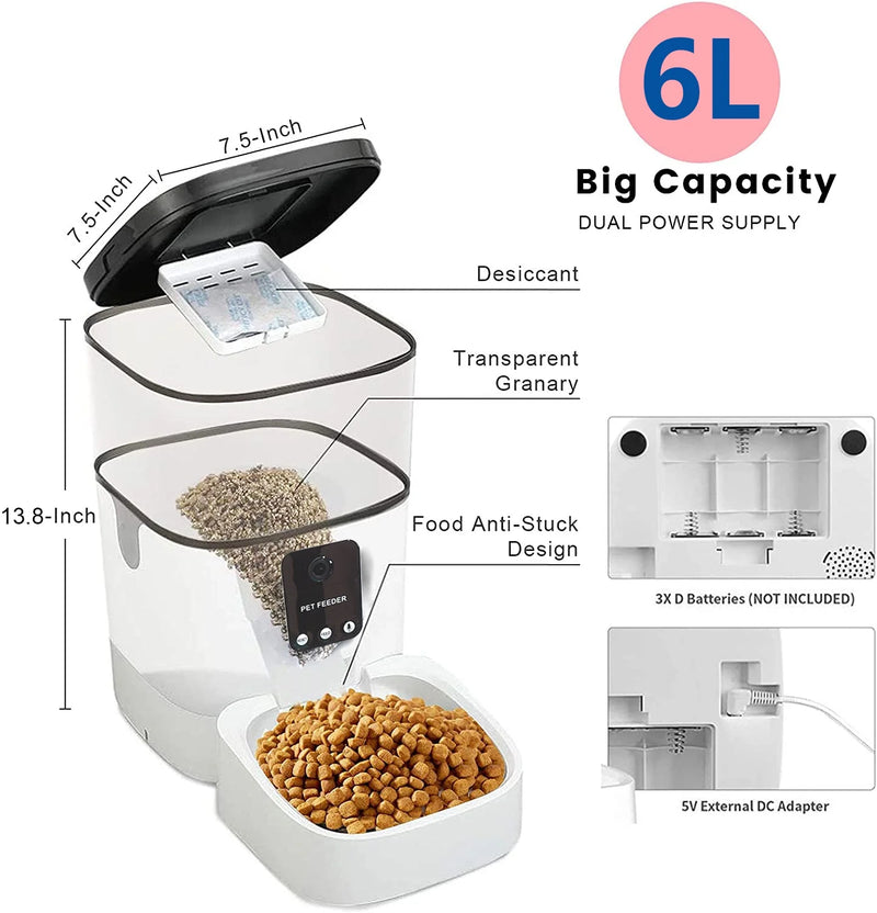 Pet Feeder,6L Automatic Pet Feeder for Cats and Dogs,1080P Camera,App Control,Voice Recorder,Timed Feeder for Schedule Feeding, Dual Power Supply,Wifi Pet Food Dispenser with App Control - Virtual Salesline 