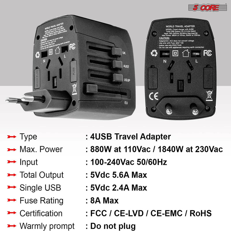 "5Core Universal Travel Adapter - 3 Pack Multi-Charger with 4 USB Ports for Global Power Compatibility!" - Virtual Salesline 