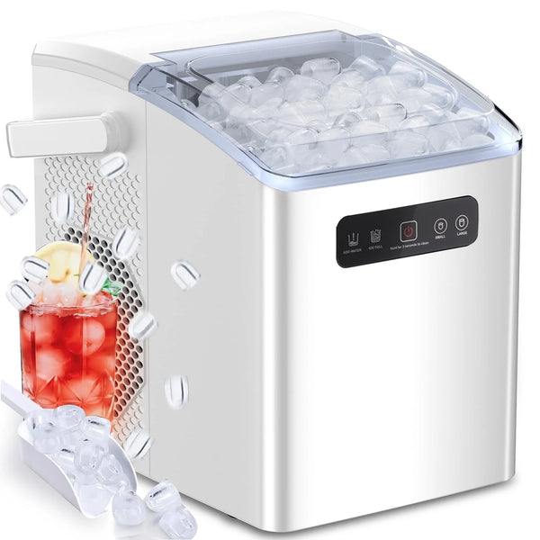 Countertop Portable Ice Maker, Self-Cleaning with Handle, Ice Scoop, 2 Sizes of Bullet Ice Cubes,For Home/Kitchen/Office-White - Virtual Salesline 