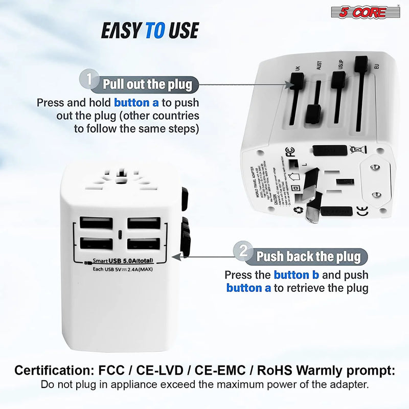 "5Core Universal Travel Adapter - 3 Pack Multi-Charger with 4 USB Ports for Global Power Compatibility!" - Virtual Salesline 