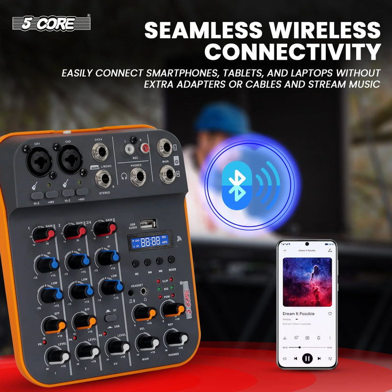 "5 Core 4-Channel Audio Interface Mixer - XLR, Bluetooth, USB for DJ, Music, Podcast & Karaoke!" - Virtual Salesline 