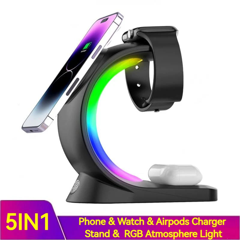 4 in 1 Magnetic Wireless Charger Fast Charging for Smart Phone Atmosphere Light Charging Station for Airpods Pro I-Phone Watch - Virtual Salesline 